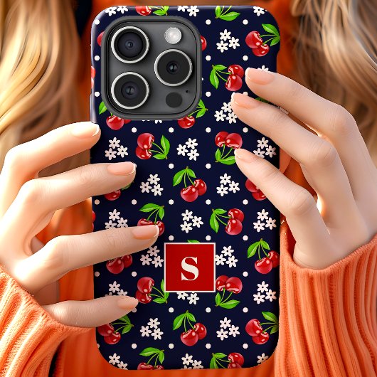 Schattig Bloemmotief met Kersen Stippen Navy Monog Case-Mate iPhone Case