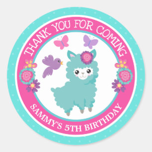Schattig Bloemmotief Turquoise Lente Lama Verjaard Ronde Sticker