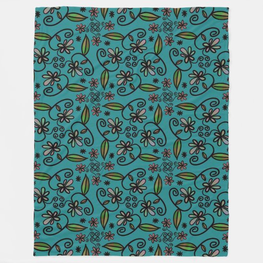 Schattig bloempatroon turkoois fleece deken (Voorkant)