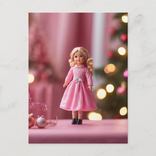 Schattig Blond Doll in Roze Kerstmis Briefkaart (Voorkant)
