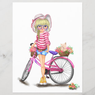 Schattig blond meisje met roze fiets en kat in blo flyer