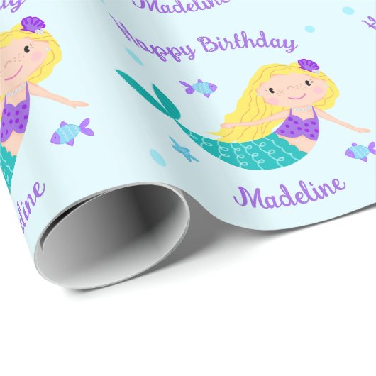 Schattig blond Paarse zeemeermin gepersonaliseerd Cadeaupapier (Rol Hoek)