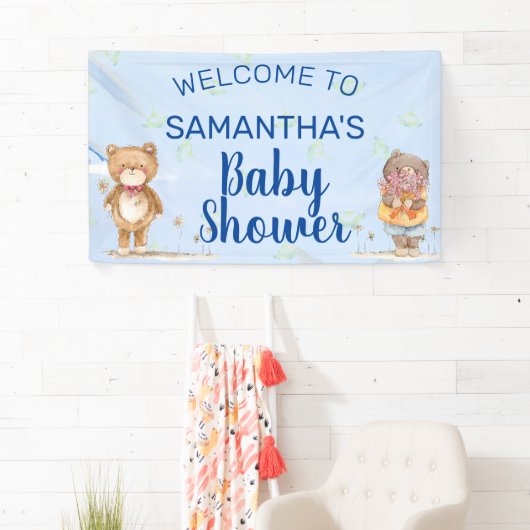 Schattig Blue Waterverf Beren Boy Baby shower Spandoek (Insitu)