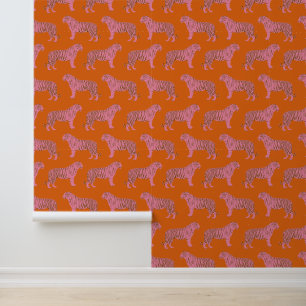 Schattig Boho Oranje en Roze Tijger Kunstpatroon Behang