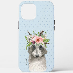 Schattig Boho Wasbeer met Bloemenkroon en Naam iPhone 12 Pro Max Hoesje