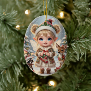 Schattig Bos Chibi Meisje Gepersonaliseerde Kerstm Keramisch Ornament