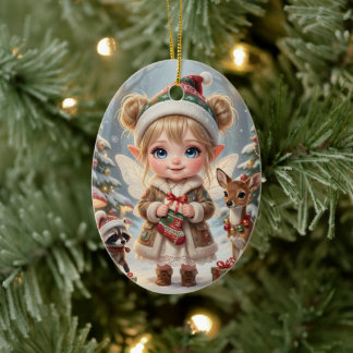 Schattig Bos Chibi Meisje Gepersonaliseerde Kerstm Keramisch Ornament
