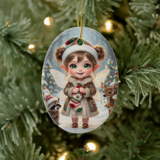 Schattig Bos Chibi Meisje Persoonlijke Kerstmis Keramisch Ornament