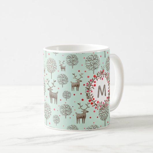 Schattig bos rendieren & Waterverf Monogram Groen Koffiemok (Voorkant rechts)