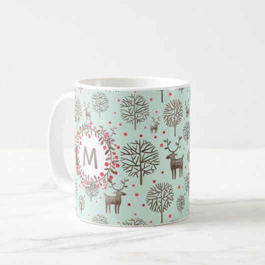 Schattig bos rendieren & Waterverf Monogram Groen Koffiemok (Voorkant links)