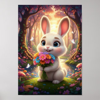 Schattig boskonijn met bloemenboeket poster