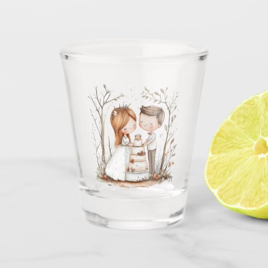 Schattig bruidspaar met cake shot glas (Voorkant)