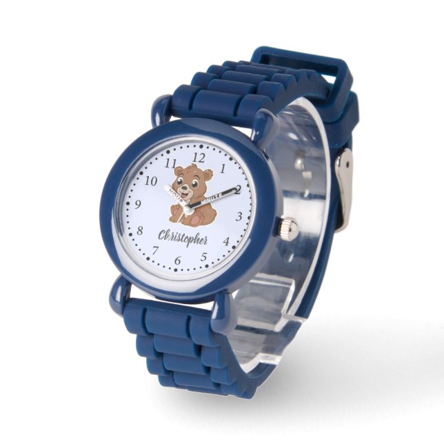 Schattig bruin beer blauw horloge (Hoek)