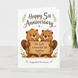 Schattig Bruin Beverskoppel Vijfde Houten Trouwdag Kaart
