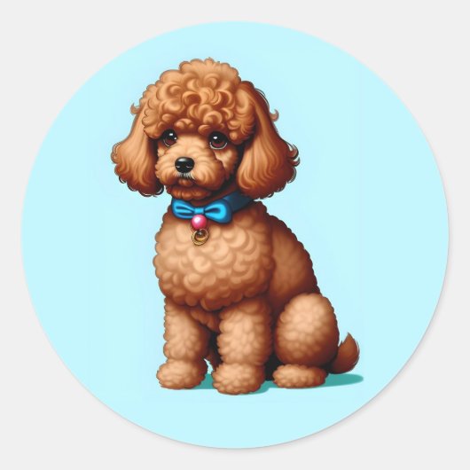 Schattig Bruin Speelgoed Poodle met Blauwe Achterg Ronde Sticker (Voorkant)