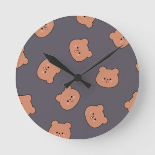 Schattig Bruin Teddibeer Gezicht Patroon Donkerbla Ronde Klok