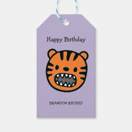 Schattig bruin tijgergezicht paars cadeaulabel