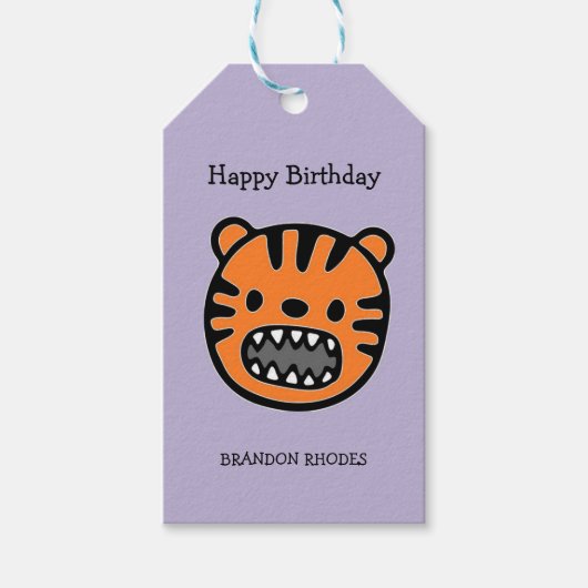 Schattig bruin tijgergezicht paars cadeaulabel (Voorkant)