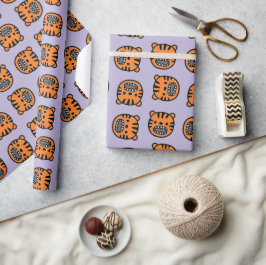 Schattig bruin tijgergezicht paars cadeaupapier