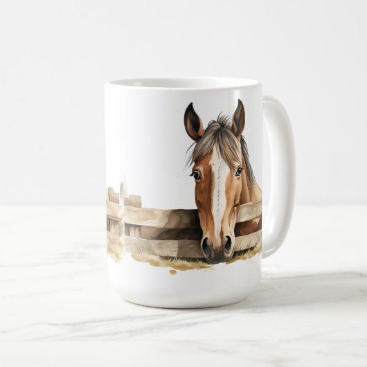 SCHATTIG BRUIN & WIT PAARD KIJKEND OVER HEK KOFFIEMOK (Voorkant rechts)