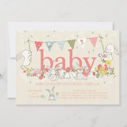 Schattig Bunny Girls Baby shower Uitnodiging (Voorkant)