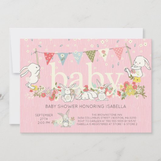 Schattig Bunny Girls Baby shower Uitnodiging (Voorkant)