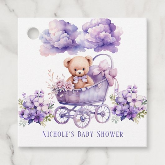 Schattig Carriage Teddy Bear Meisje Baby shower Bedankjes Labels (Voorkant)