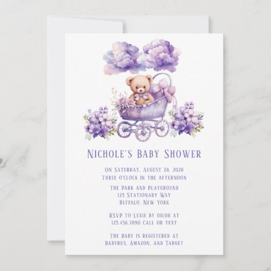 Schattig Carriage Teddy Bear Meisje Baby shower Kaart (Voorkant)