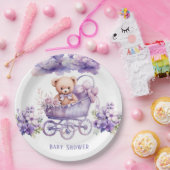 Schattig Carriage Teddy Bear Meisje Baby shower Papieren Bordje (Feest)