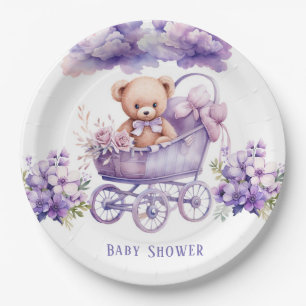 Schattig Carriage Teddy Bear Meisje Baby shower Papieren Bordje