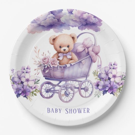 Schattig Carriage Teddy Bear Meisje Baby shower Papieren Bordje (Voorkant)