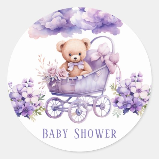 Schattig Carriage Teddy Bear Meisje Baby shower Ronde Sticker (Voorkant)