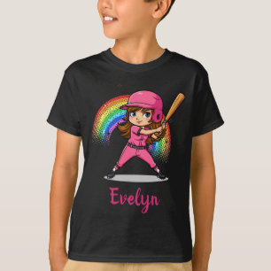 Schattig Carto meisje honkbalspeler in roze T-shir T-shirt