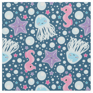 Schattig Cartoon aquatisch patroon   Blauw en roze Stof