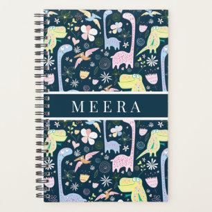 Schattig Cartoon Dinosaurussen Patroon Naam Donker Planner