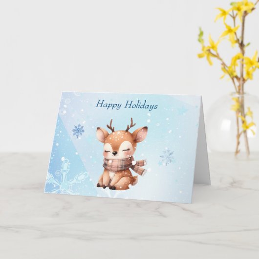 Schattig Cartoon Hert in Sneeuw Kaart (Gele Bloem)