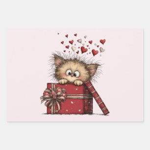 Schattig Cartoon Kitten in een Doos met Hartjes Inpakpapier Vel