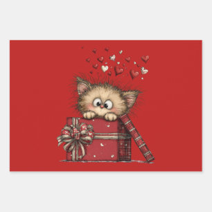 Schattig Cartoon Kitten in een Doos met Hartjes Inpakpapier Vel
