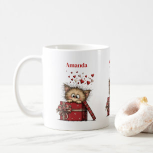 Schattig Cartoon Kitten in een Doos met Hartjes Koffiemok