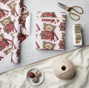 Schattig Cartoon Kitten in een Doos met Hartjes Pa Cadeaupapier