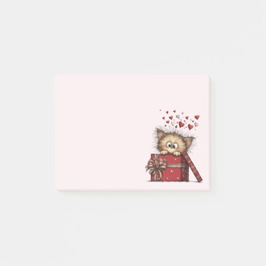 Schattig Cartoon Kitten in een Doos met Hartjes Post-it® Notes (Voorkant)