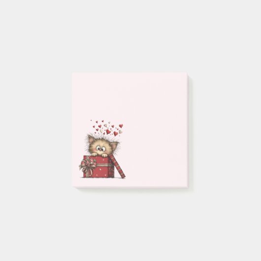 Schattig Cartoon Kitten in een Doos met Hartjes Post-it® Notes (Voorkant)