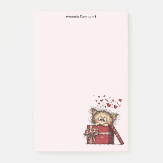 Schattig Cartoon Kitten in een Doos met Hartjes Post-it® Notes (Voorkant)