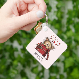 Schattig Cartoon Kitten in een Doos met Hartjes Sleutelhanger
