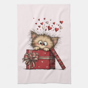 Schattig Cartoon Kitten in een Doos met Hartjes Theedoek