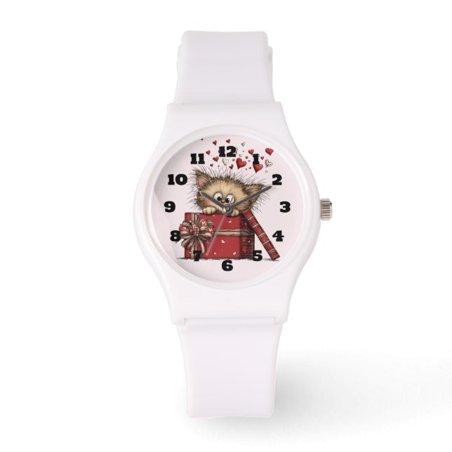 Schattig Cartoon Kitten met Hartjes Horloge (Voorkant)