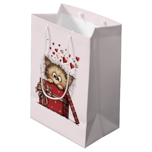 Schattig Cartoon Kitten met Hartjes Medium Cadeauzakje (Achterkant Gekanteld)