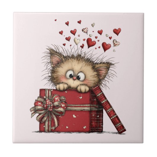 Schattig Cartoon Kitten met Hartjes Tegeltje (Voorkant)