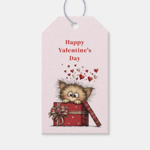 Schattig Cartoon Kitten met Hartjes Valentijnsdag Cadeaulabel
