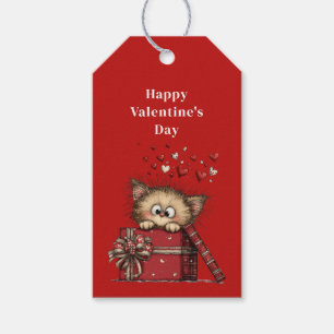 Schattig Cartoon Kitten met Hartjes Valentijnsdag Cadeaulabel
